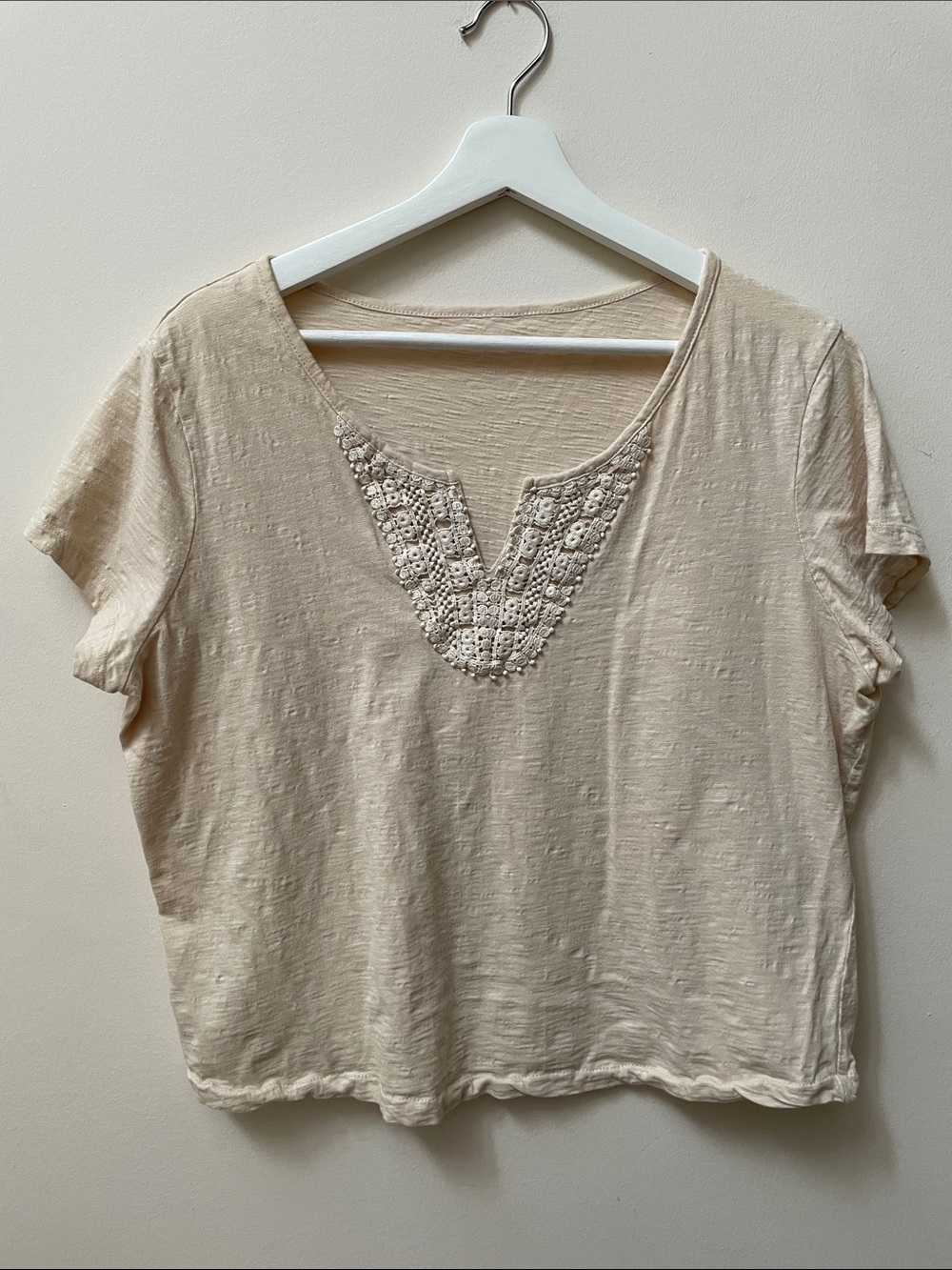 L.L Bean Cream Crochet V-Neck Short Sleeve Top